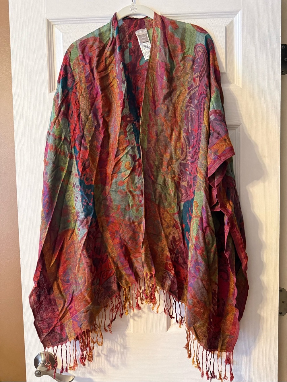 Chico's Multi-Color Patchwork Fringed RuanaSweater Wrap Poncho